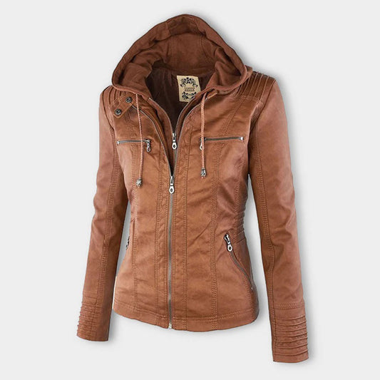 Wearclo - Women's Leather Jacket with Hood