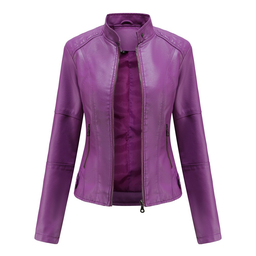 Wearclo Women's Leather Jacket with Mao Collar