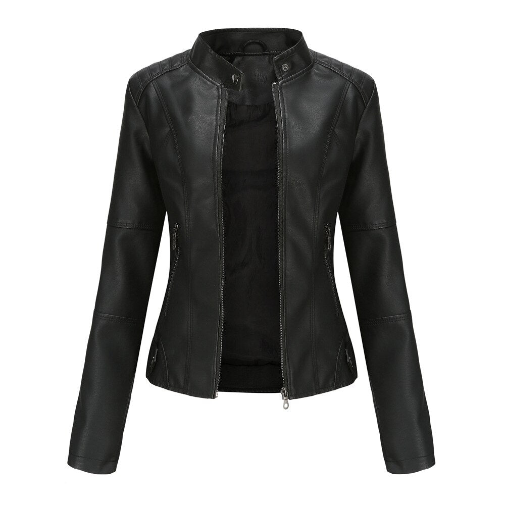 Wearclo Women's Leather Jacket with Mao Collar