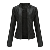 Wearclo | Women's Faux Leather Jacket with Mandarin Collar