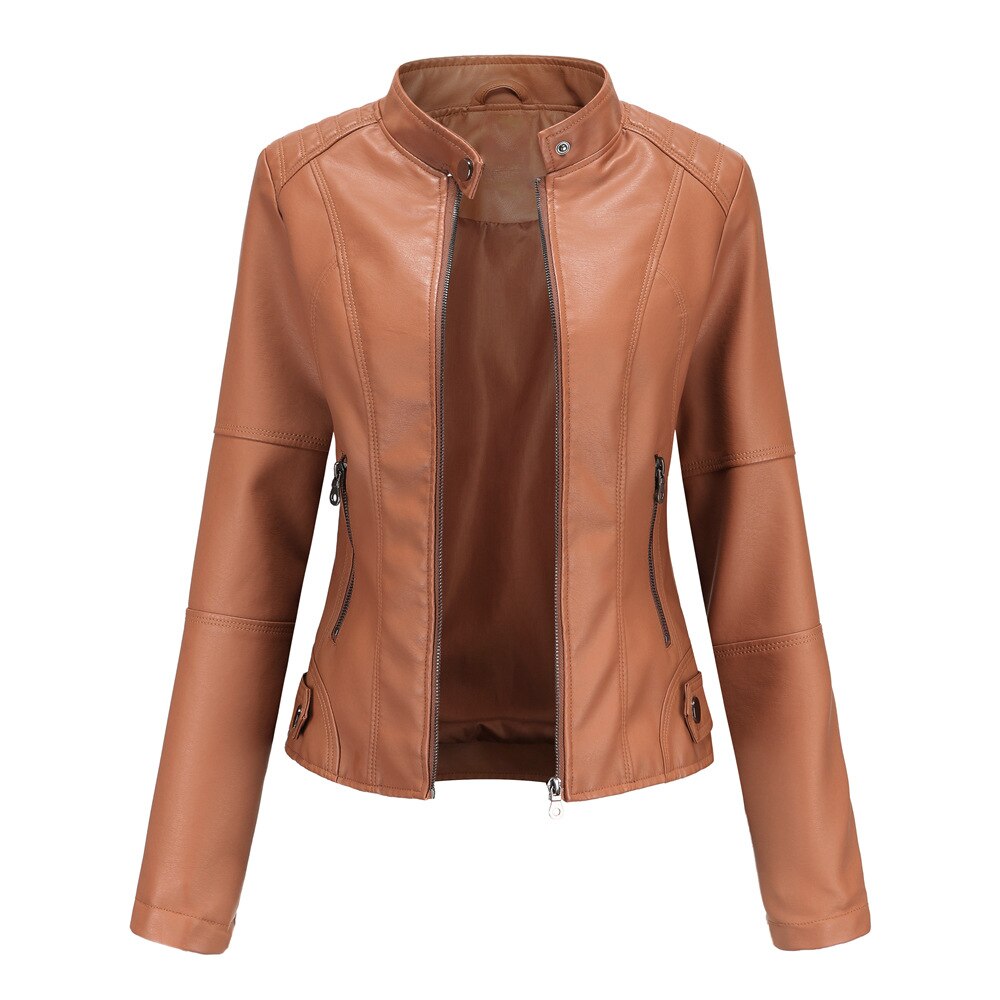 Wearclo Women's Leather Jacket with Mao Collar