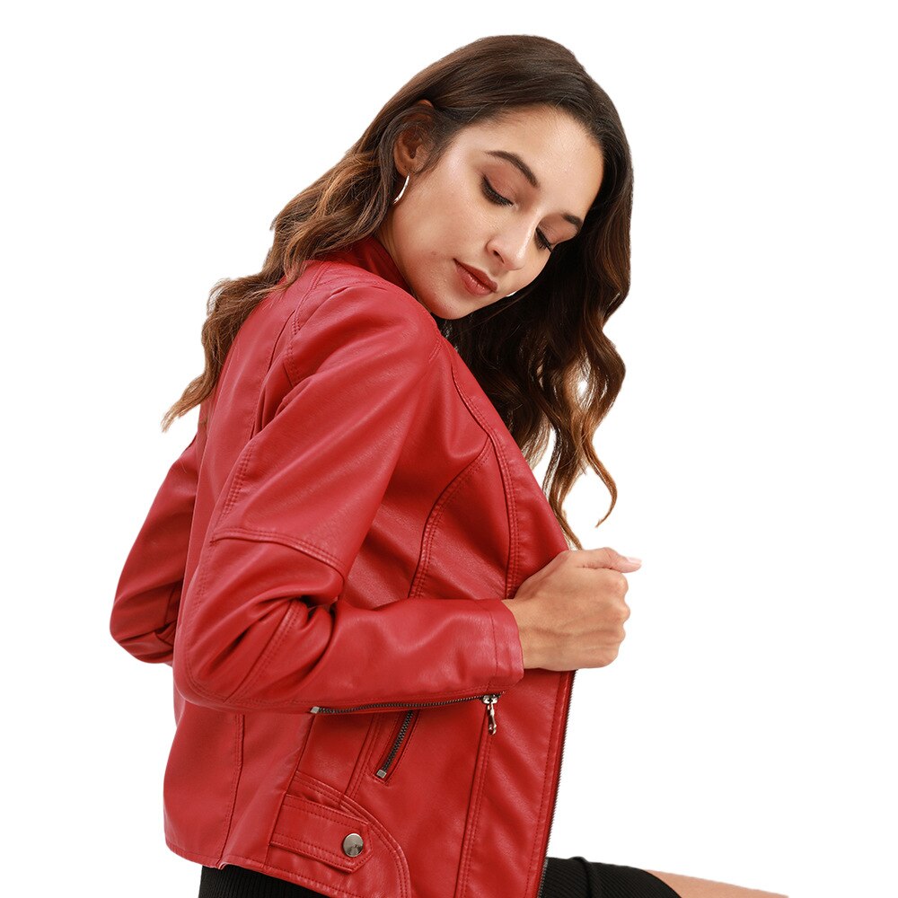 Wearclo Women's Leather Jacket with Mao Collar