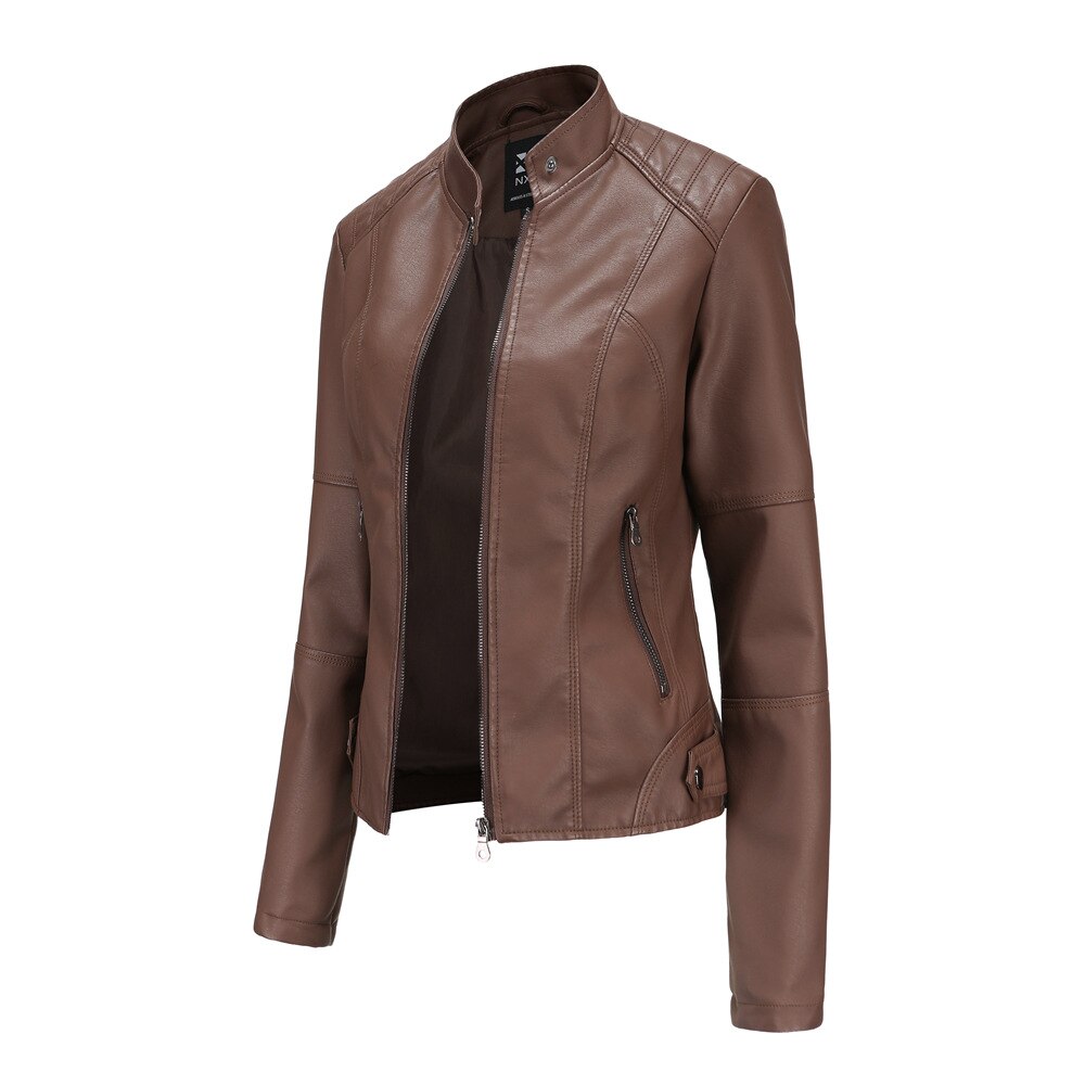 Wearclo Women's Leather Jacket with Mao Collar