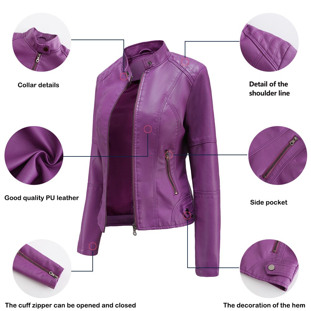 Wearclo Women's Leather Jacket with Mao Collar