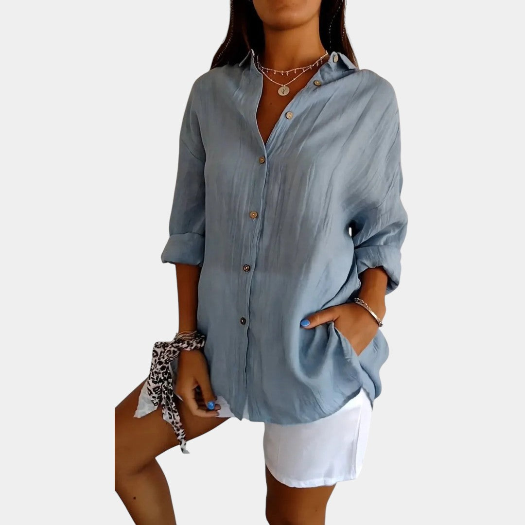Wearclo | Women's Linen Blend Button-Down Shirt Loose Fit