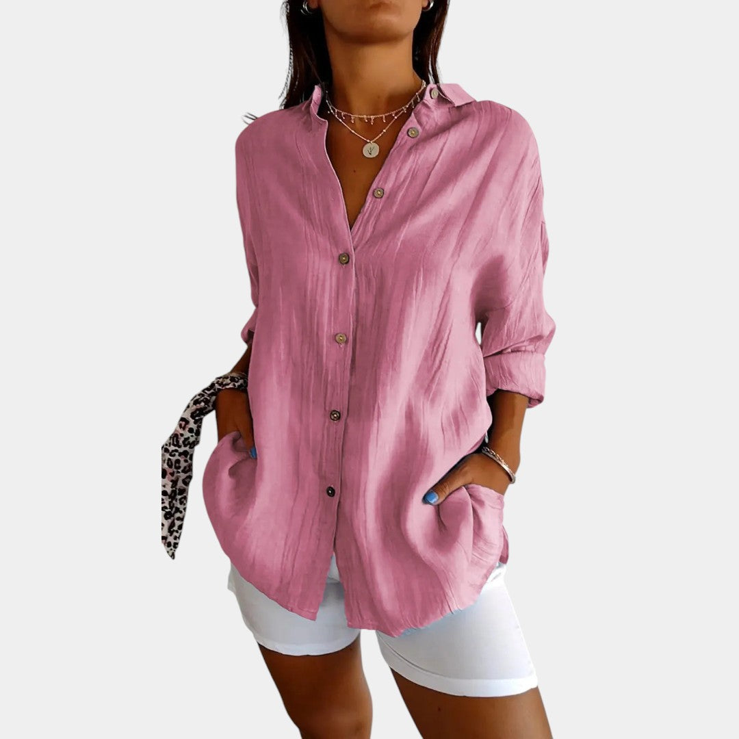 Wearclo | Women's Linen Blend Button-Down Shirt Loose Fit