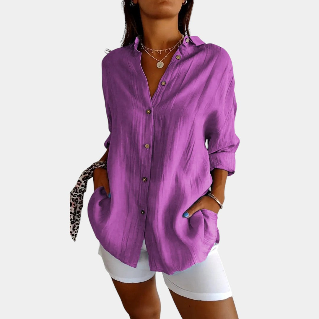 Wearclo | Women's Linen Blend Button-Down Shirt Loose Fit