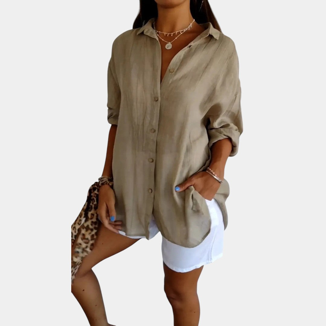Wearclo | Women's Linen Blend Button-Down Shirt Loose Fit