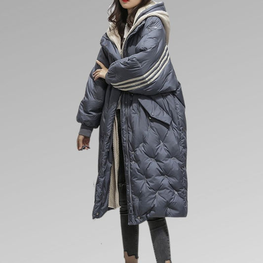 Wearclo | Women's Long Puffer Coat with Striped Sleeves