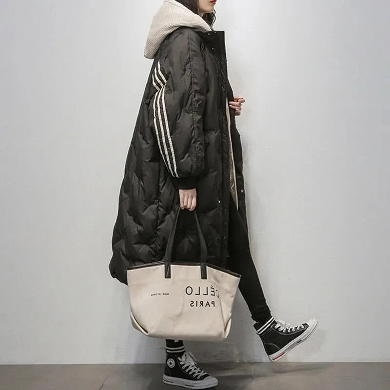 Wearclo | Women's Long Puffer Coat with Striped Sleeves