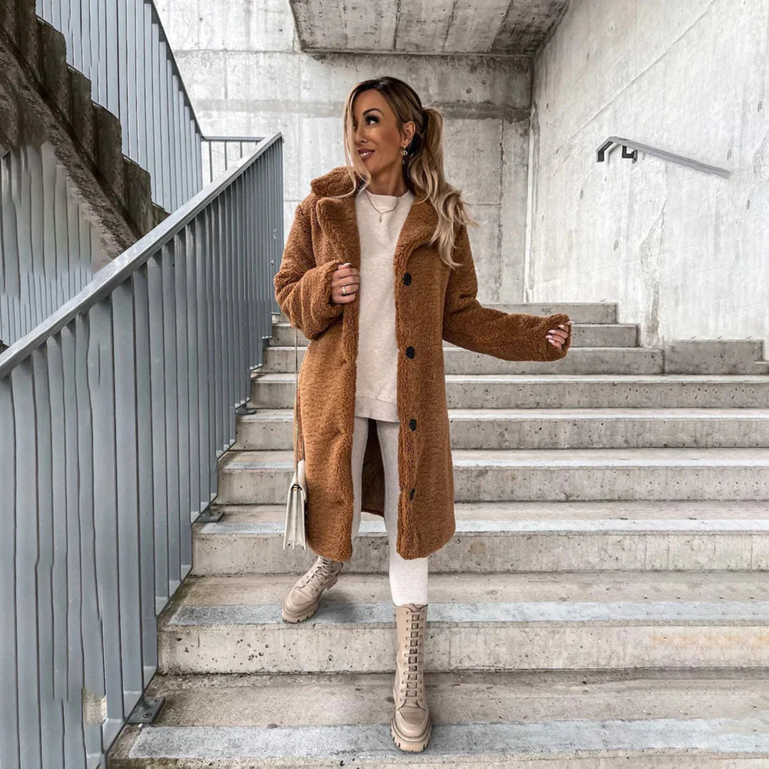 Wearclo | Women's Long Teddy Coat with Lapel Collar
