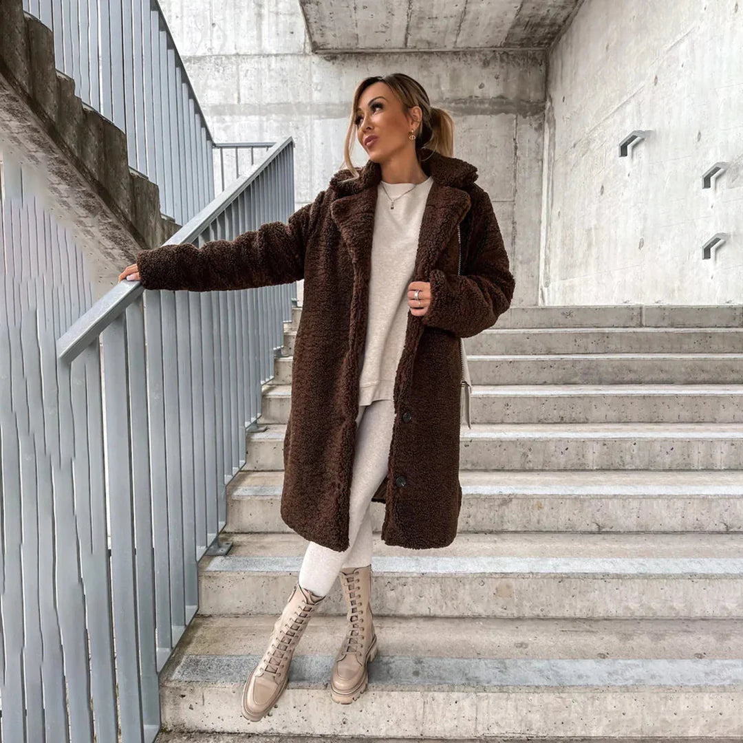 Wearclo | Women's Long Teddy Coat with Lapel Collar