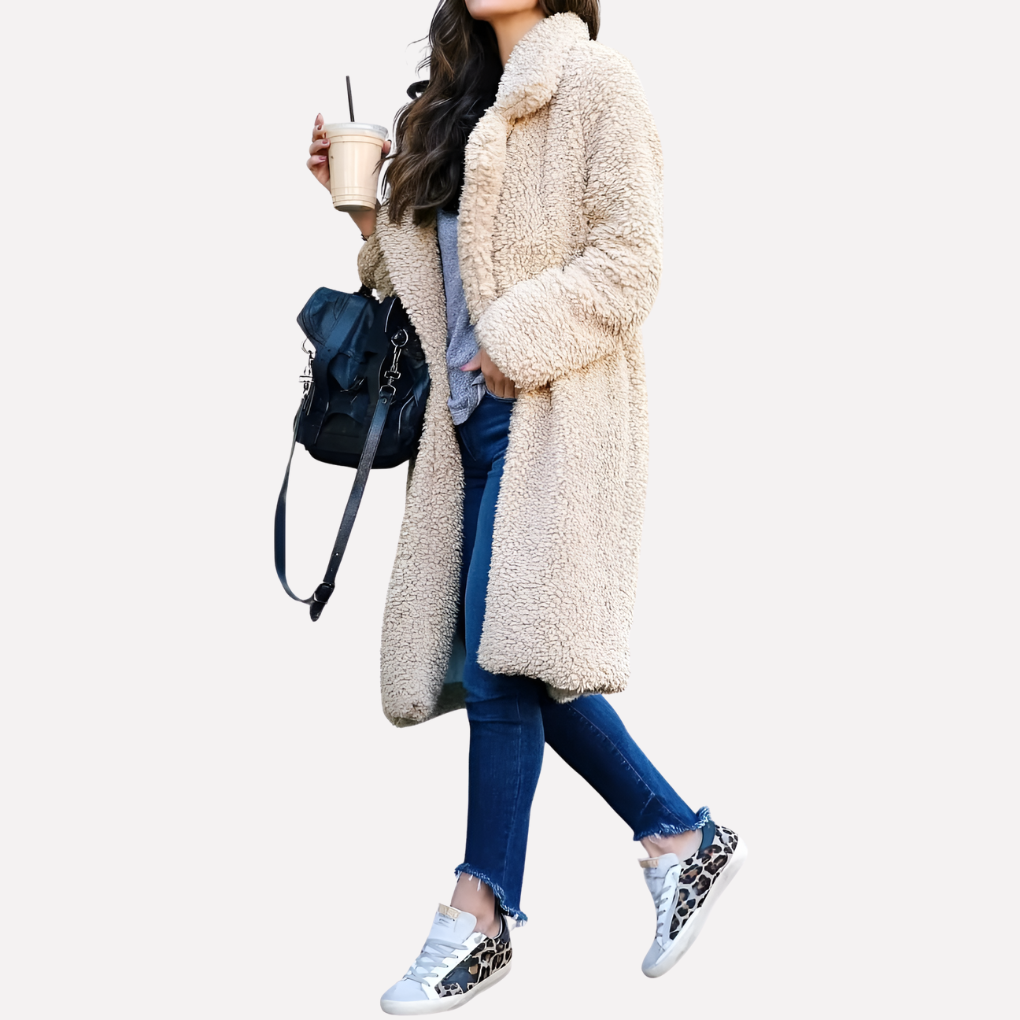 Wearclo | Women's Long Teddy Coat with Notched Collar