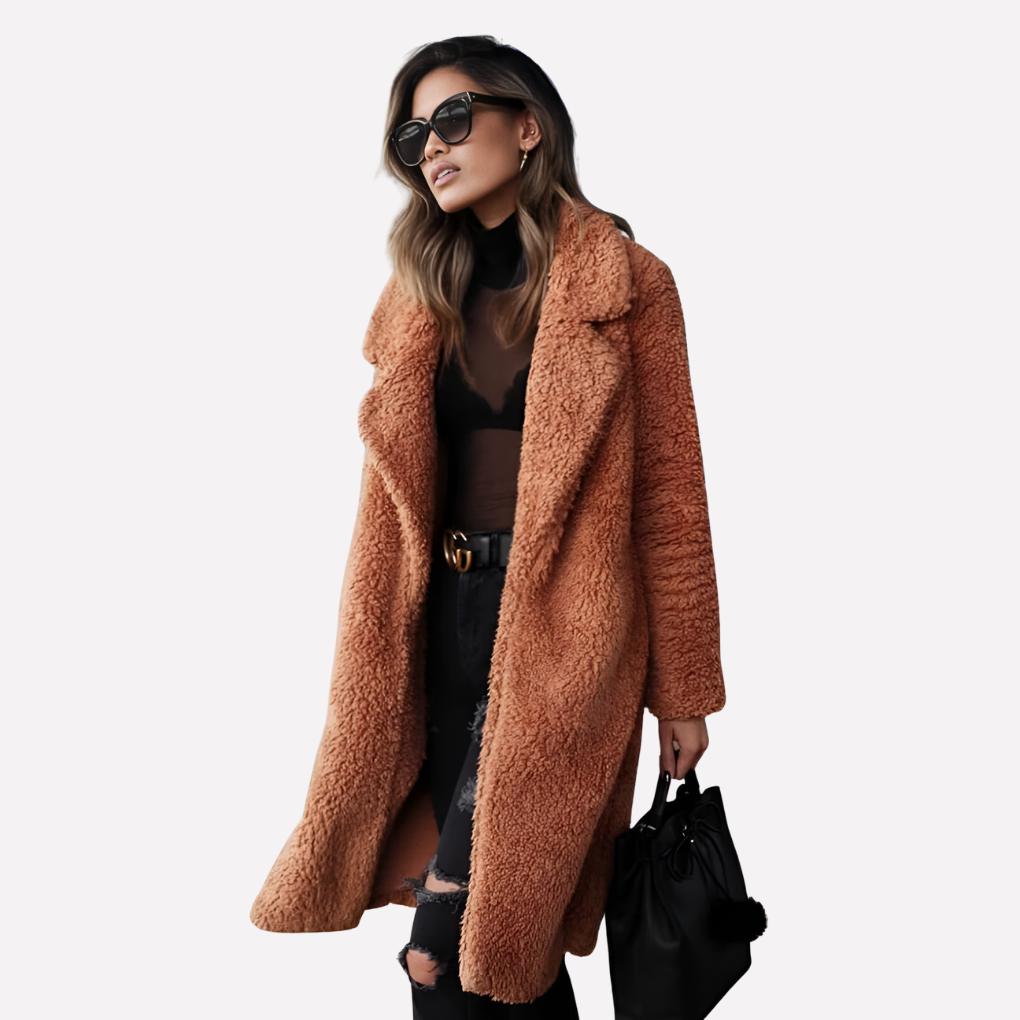 Wearclo | Women's Long Teddy Coat with Notched Collar