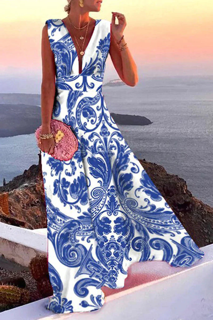 Wearclo | Women's Maxi Dress Geometric Print V-Neck