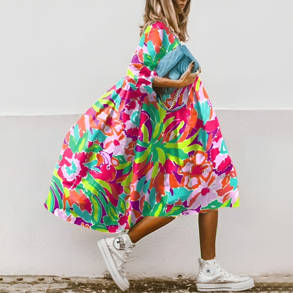 Wearclo | Women's Midi Shirt Dress with Bold Floral Print
