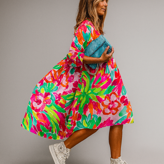 Wearclo | Women's Midi Shirt Dress with Bold Floral Print
