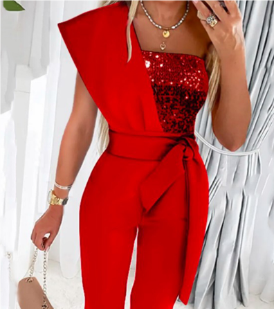 Wearclo | Women's One-Shoulder Jumpsuit with Sequins