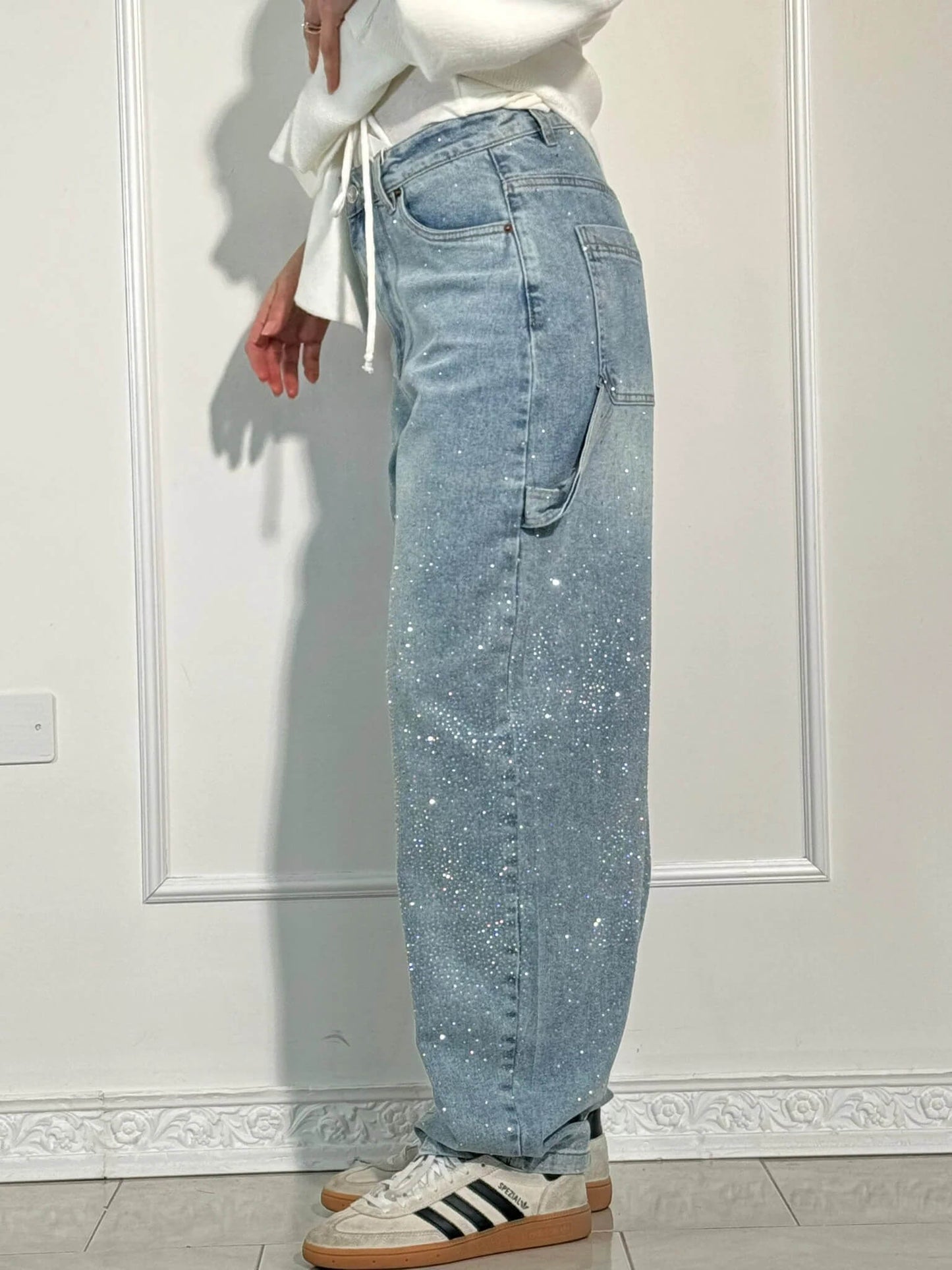 Wearclo | Women's Rhinestone Wide Leg Jeans