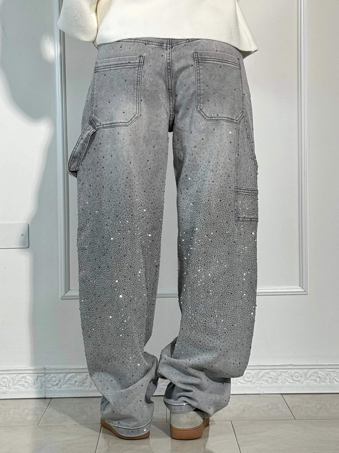Wearclo | Women's Rhinestone Wide Leg Jeans