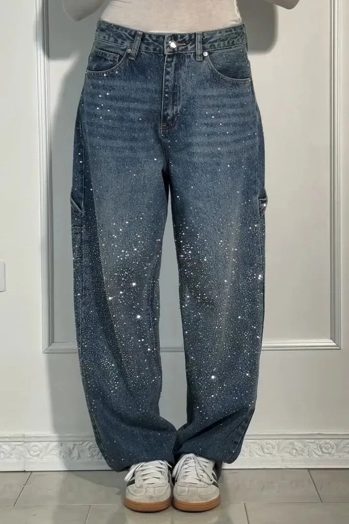 Wearclo | Women's Rhinestone Wide Leg Jeans
