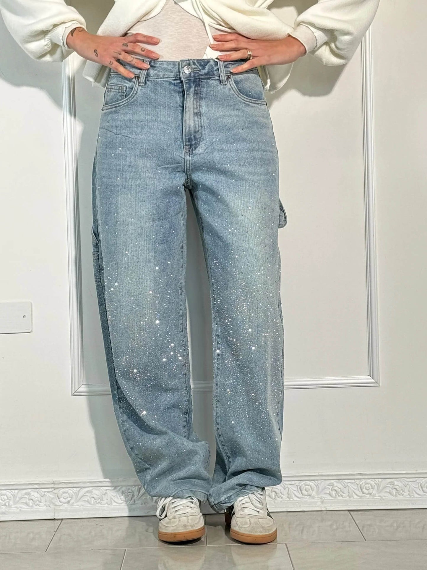 Wearclo | Women's Rhinestone Wide Leg Jeans