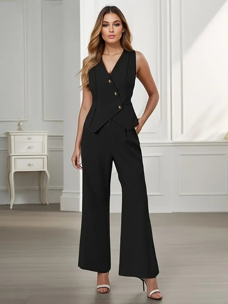 Wearclo | Women's Sleeveless Blazer & Wide Leg Pants Set