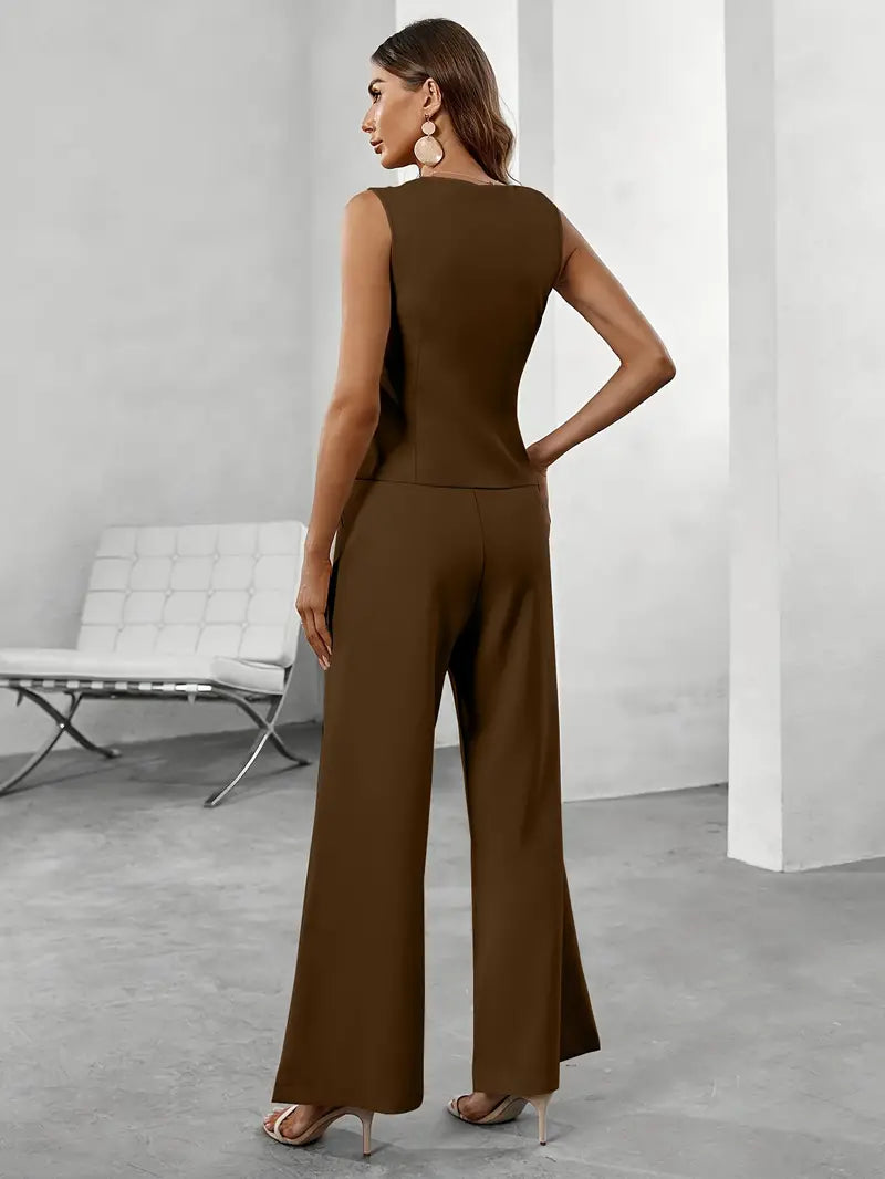 Wearclo | Women's Sleeveless Blazer & Wide Leg Pants Set
