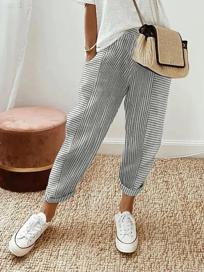 Wearclo | Women's Striped Lounge Pants - Casual Cropped Trousers