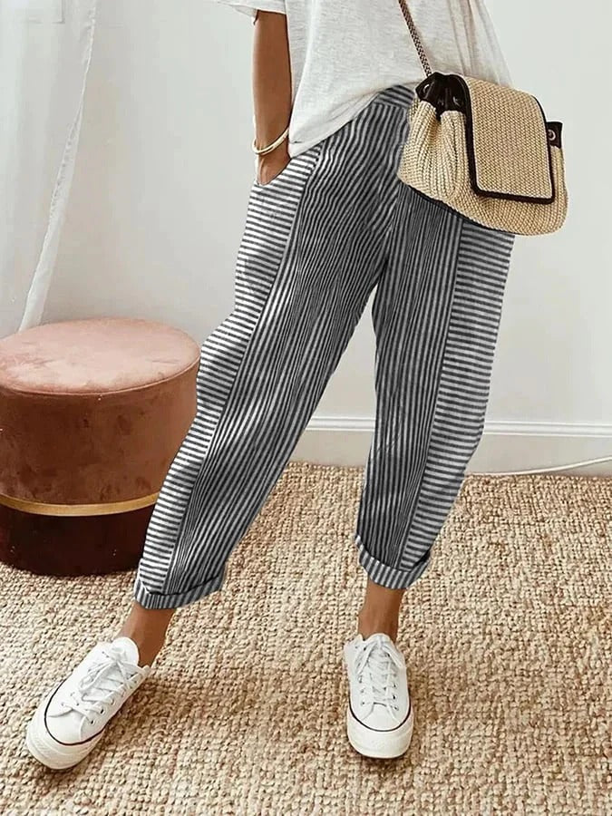 Wearclo | Women's Striped Lounge Pants - Casual Cropped Trousers
