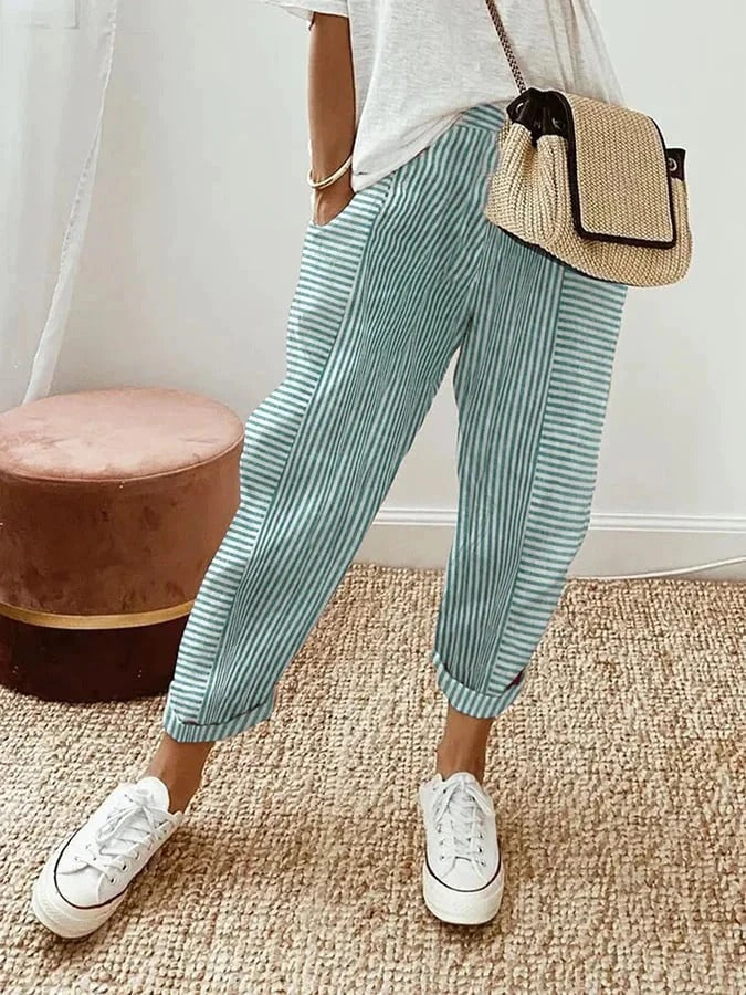 Wearclo | Women's Striped Lounge Pants - Casual Cropped Trousers