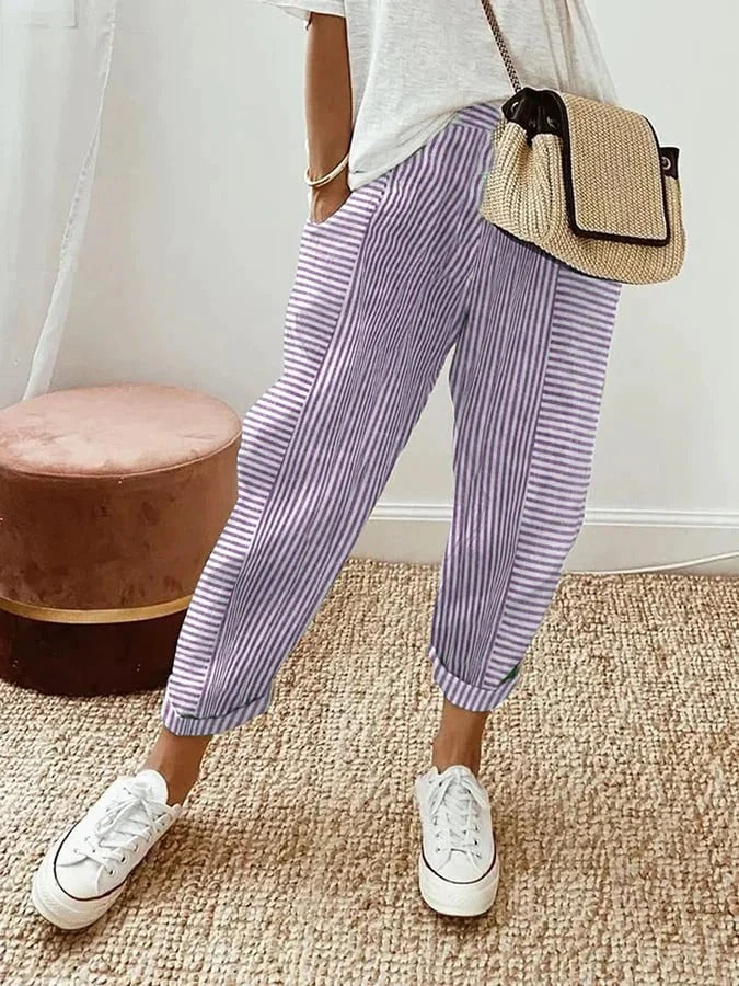 Wearclo | Women's Striped Lounge Pants - Casual Cropped Trousers