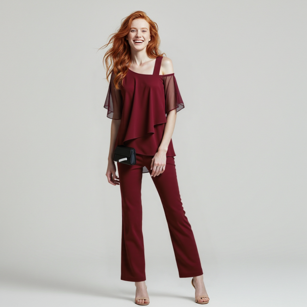 Wearclo Women's Two-Piece Set | Elegant Jumpsuit with Cold Shoulder Blouse