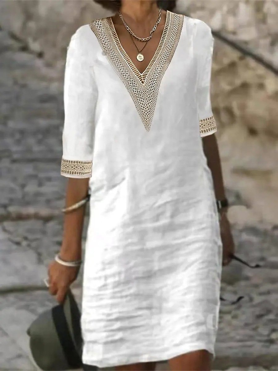 Wearclo | Women's V-Neck Lace Trim Dress