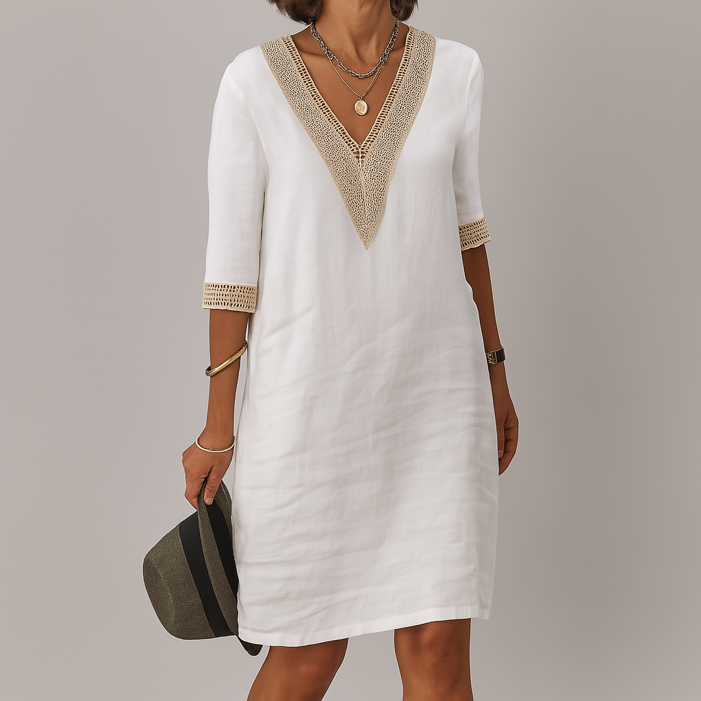 Wearclo | Women's V-Neck Lace Trim Midi Dress