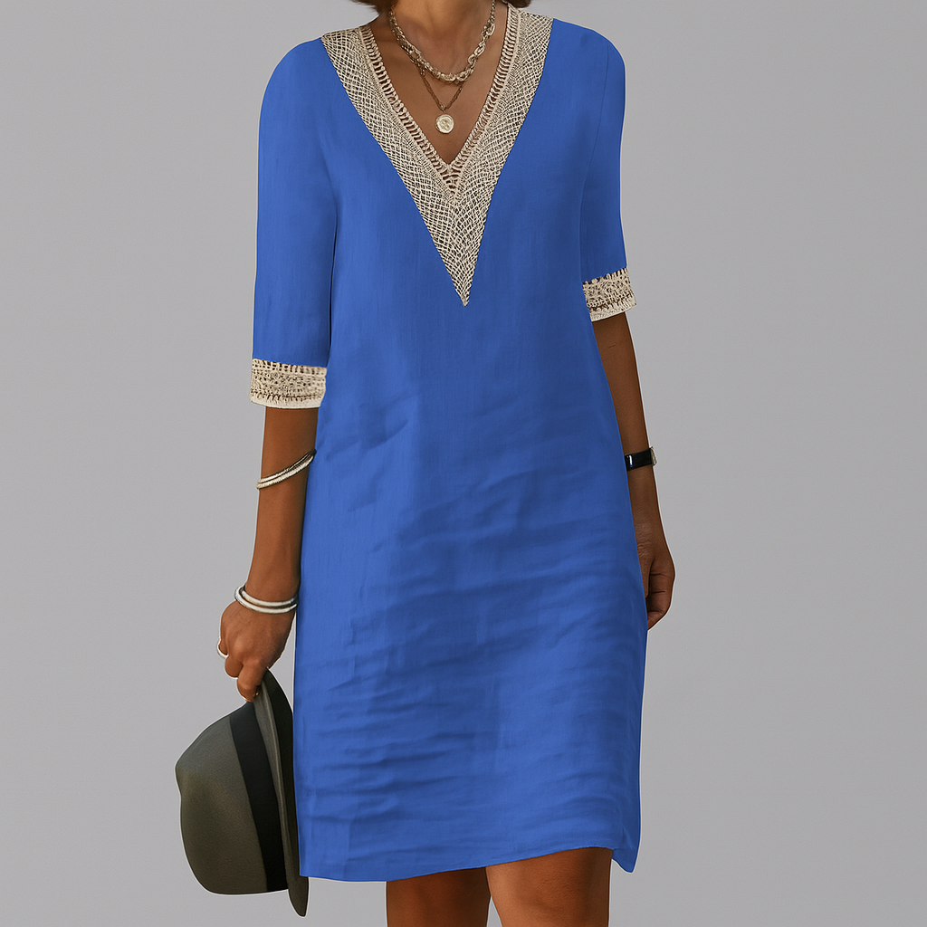 Wearclo | Women's V-Neck Lace Trim Midi Dress