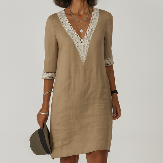Wearclo | Women's V-Neck Lace Trim Midi Dress