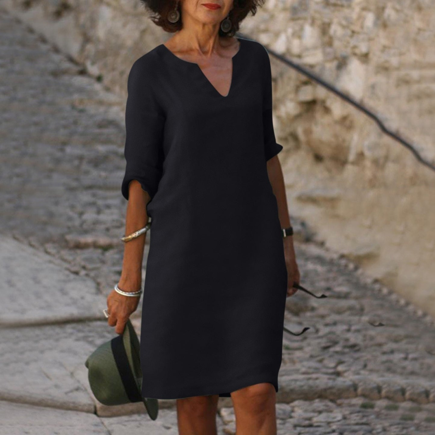 Wearclo | Women's V-Neck Linen Shift Dress