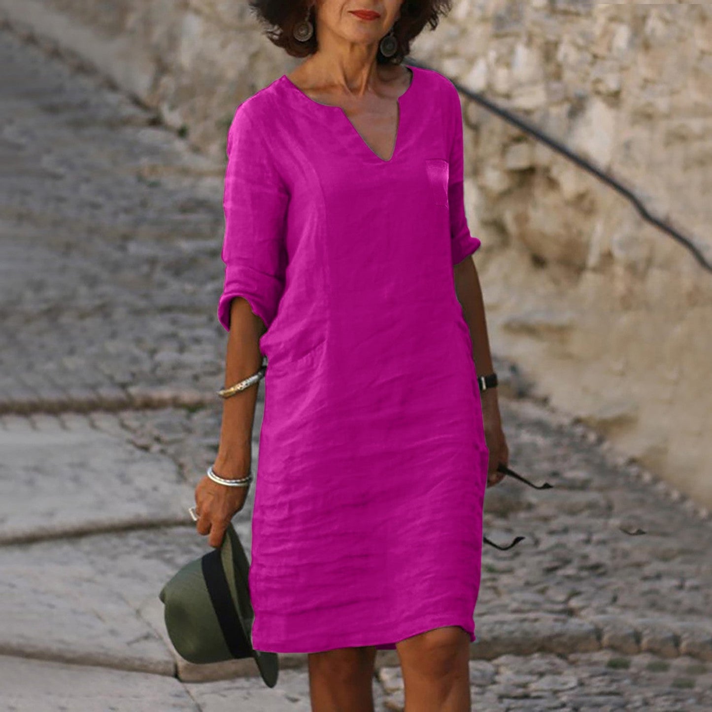 Wearclo | Women's V-Neck Linen Shift Dress