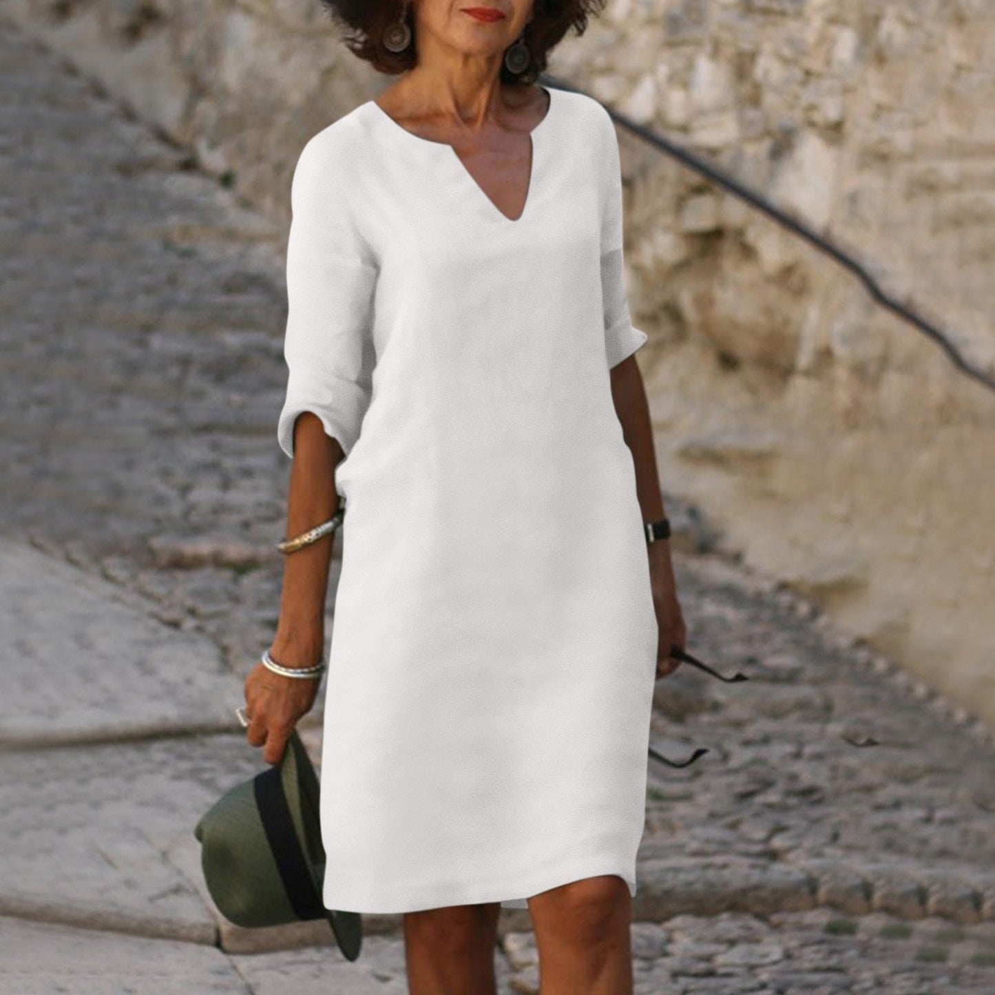 Wearclo | Women's V-Neck Linen Shift Dress