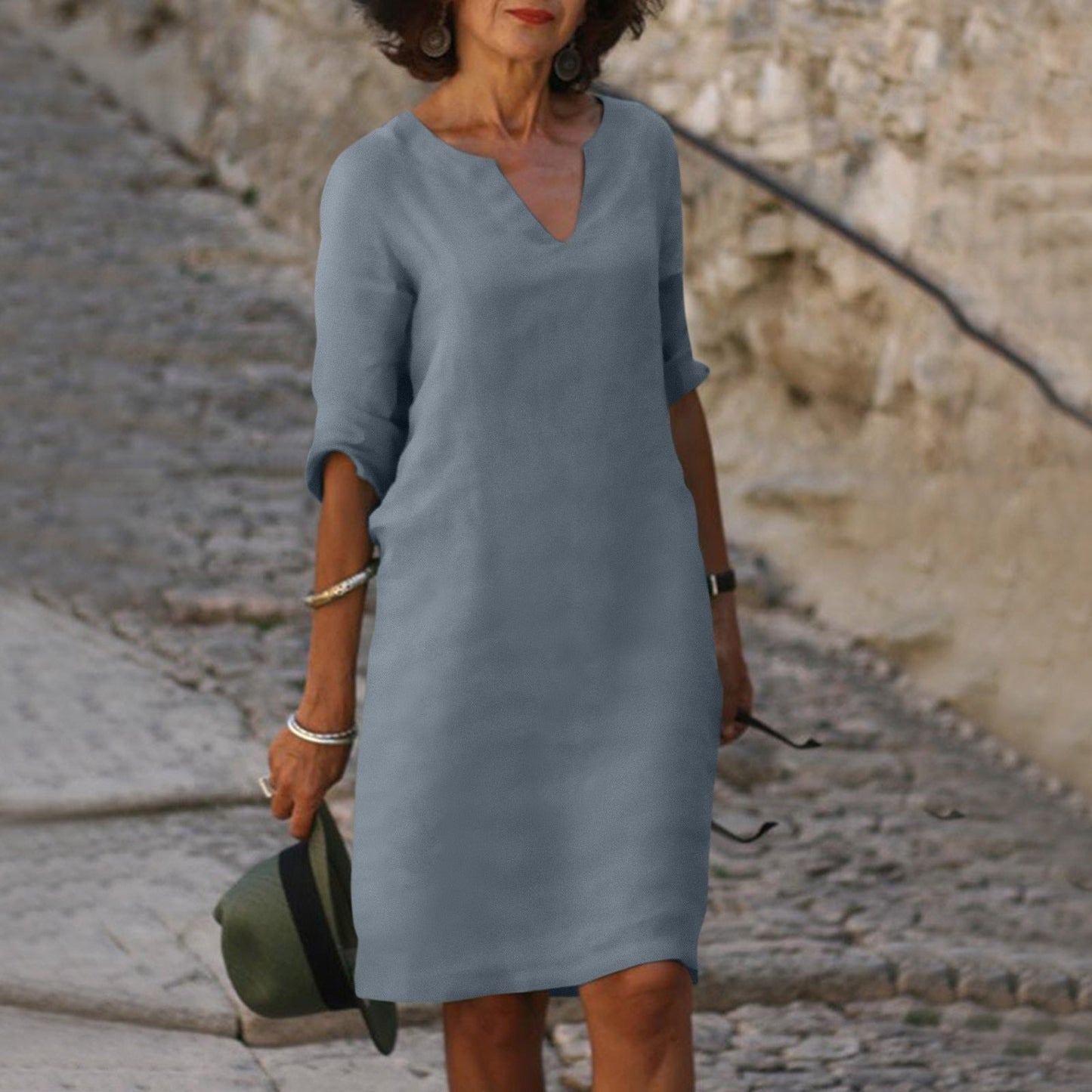 Wearclo | Women's V-Neck Linen Shift Dress
