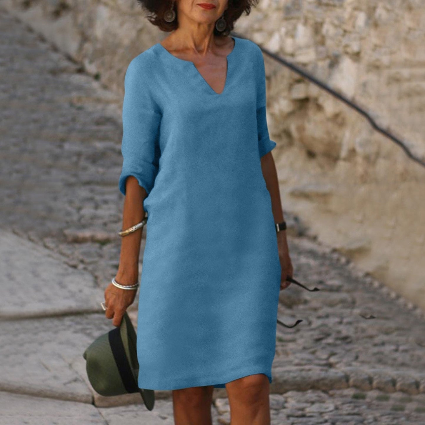 Wearclo | Women's V-Neck Linen Shift Dress