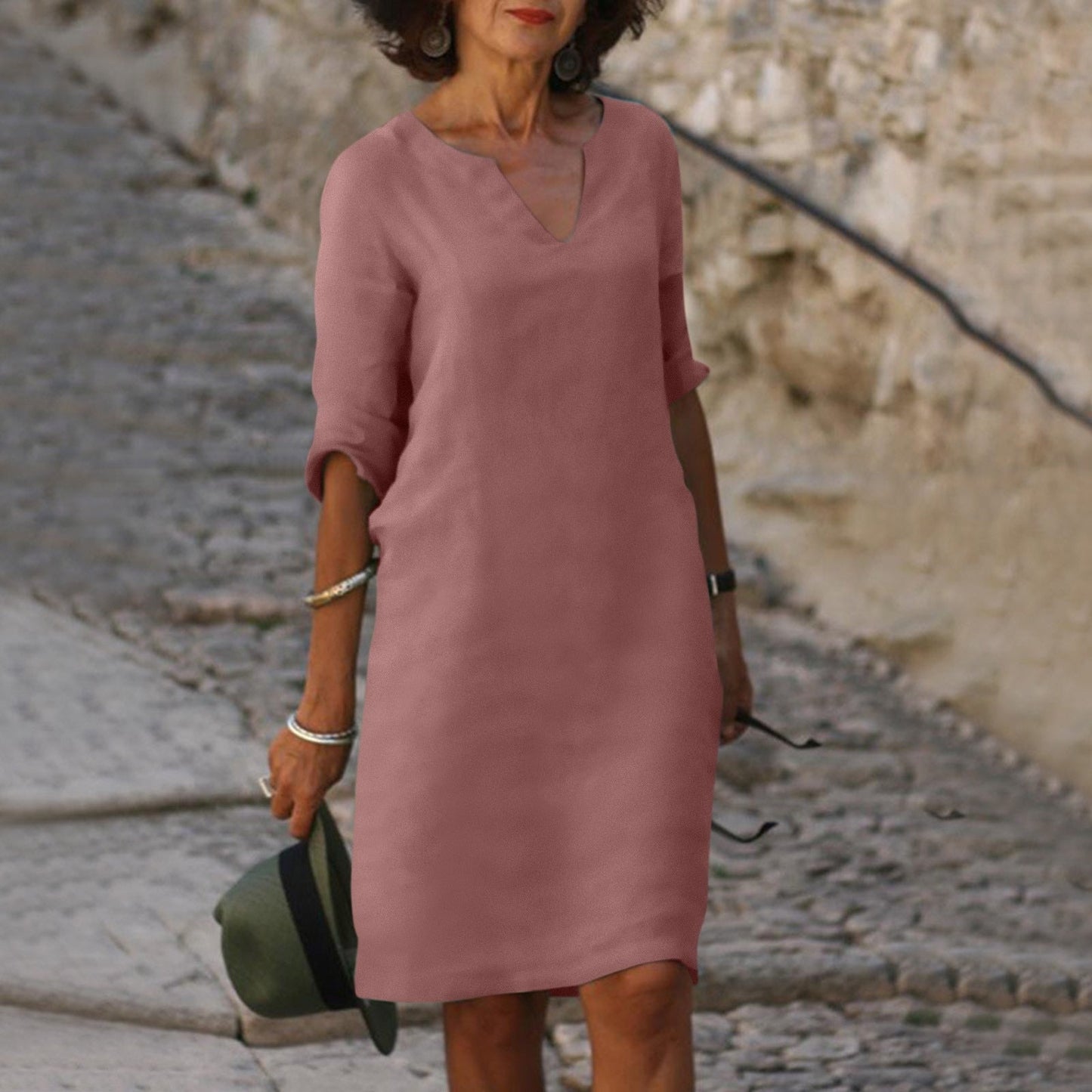 Wearclo | Women's V-Neck Linen Shift Dress