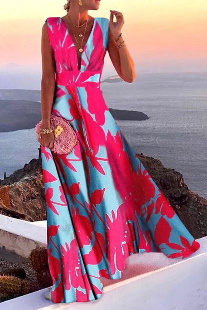 Wearclo | Women's V-Neck Maxi Dress With Print
