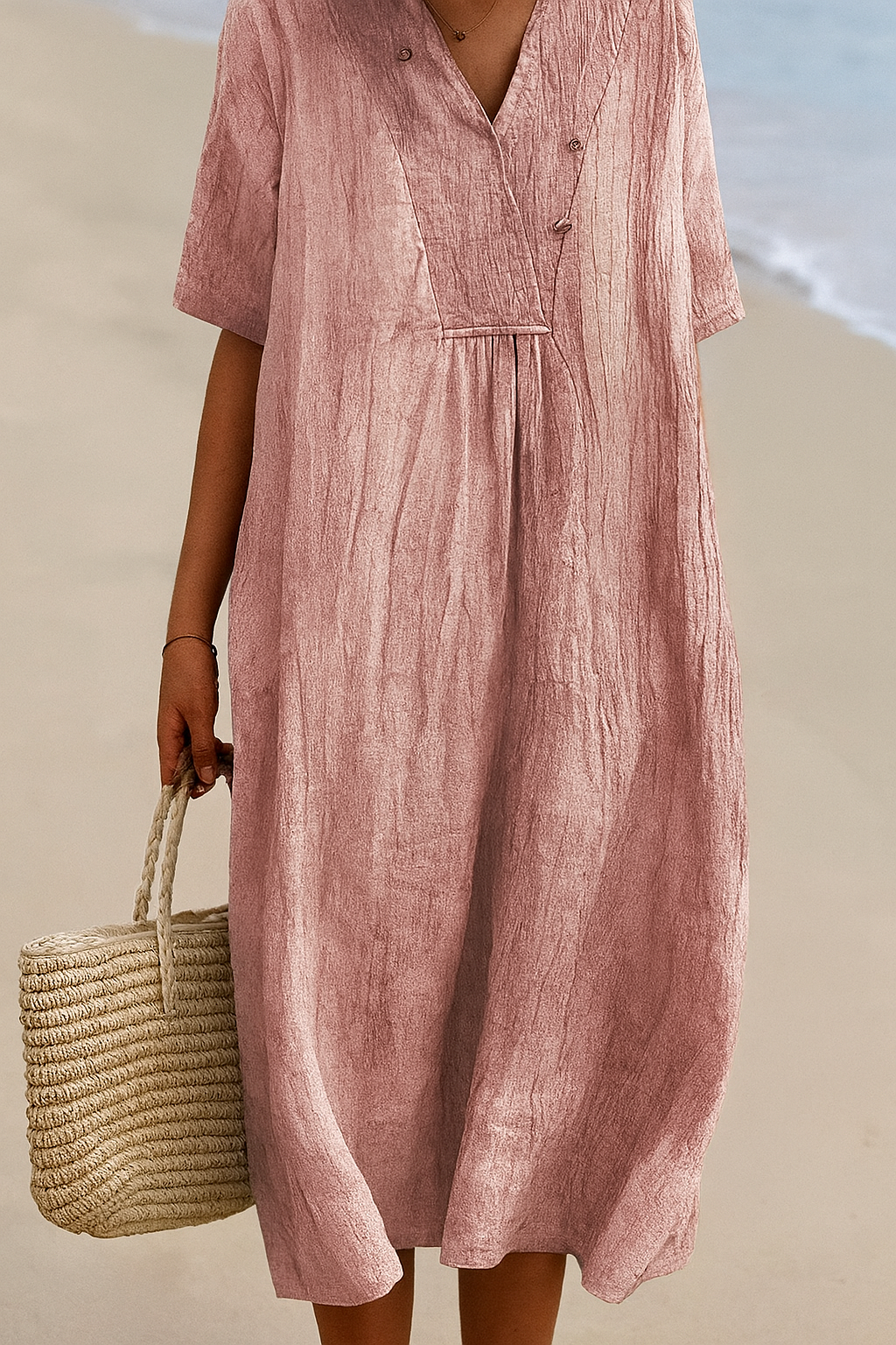 Wearclo | Women's V-Neck Midi Sundress with Pleated Front