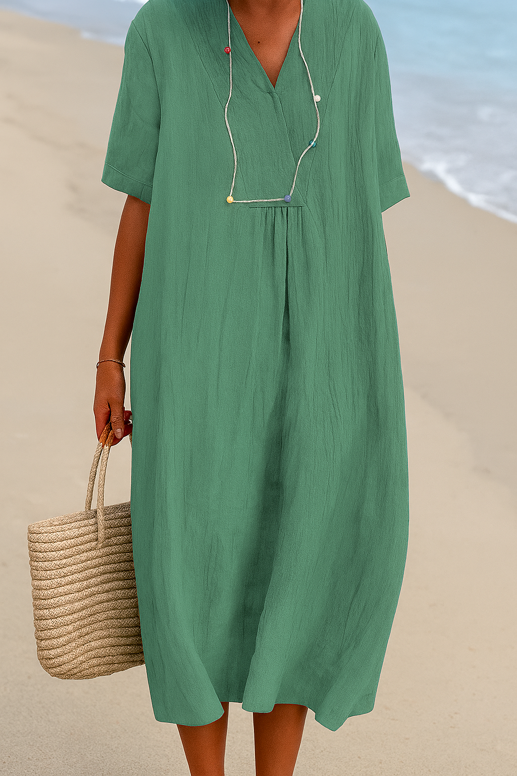 Wearclo | Women's V-Neck Midi Sundress with Pleated Front