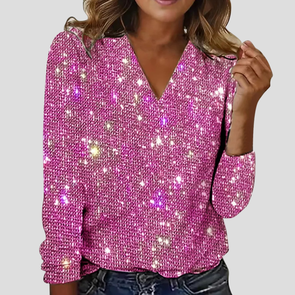 Wearclo | Women's V-Neck Sequin Long Sleeve Blouse