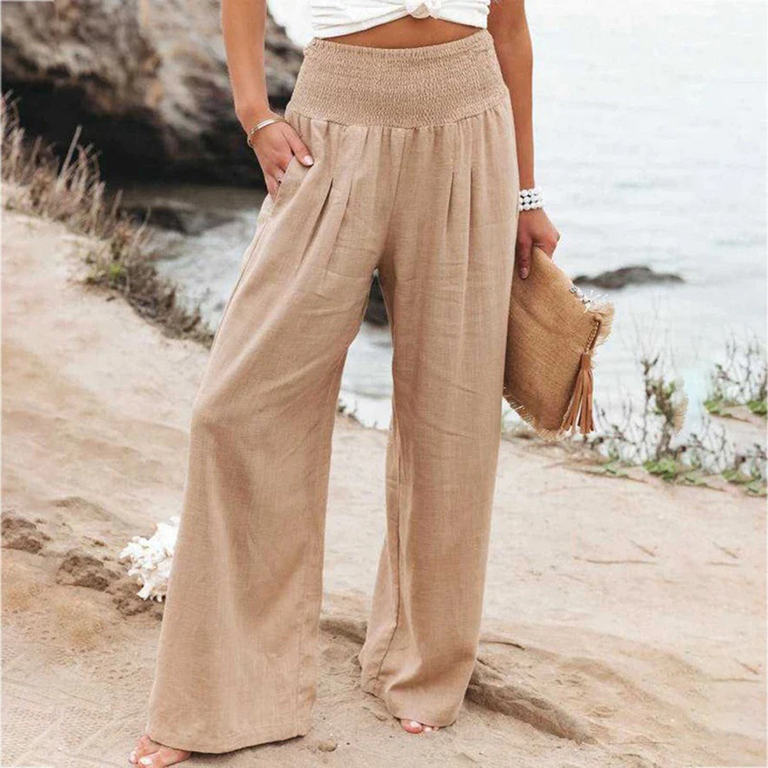 Wearclo | Women's Wide Leg Linen Summer Pants with Smocked Waist