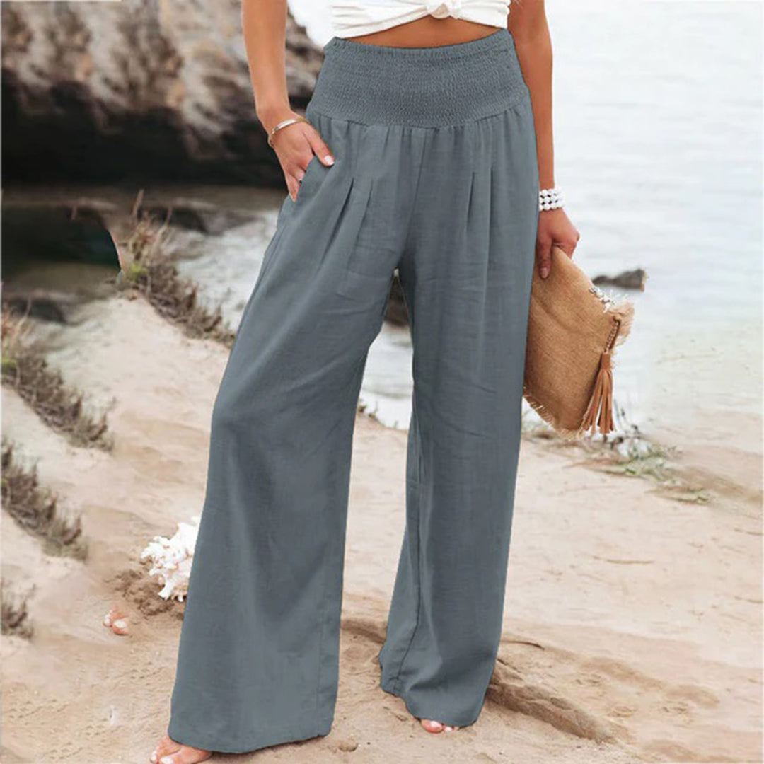 Wearclo | Women's Wide Leg Linen Summer Pants with Smocked Waist