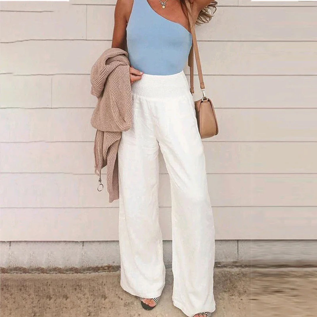 Wearclo | Women's Wide Leg Linen Summer Pants with Smocked Waist